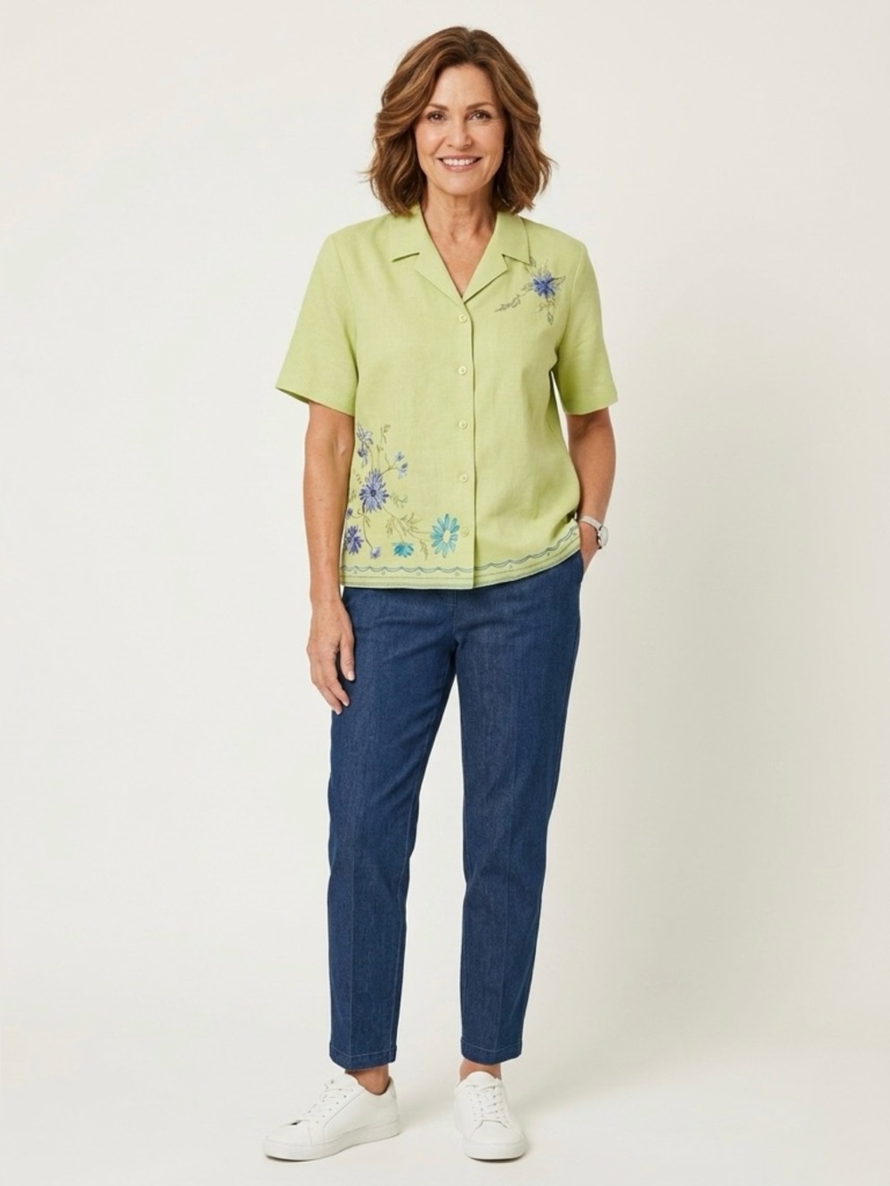 JM Collection Green Button up Embroidered Blouse M Short Sleeves Linen Blouse